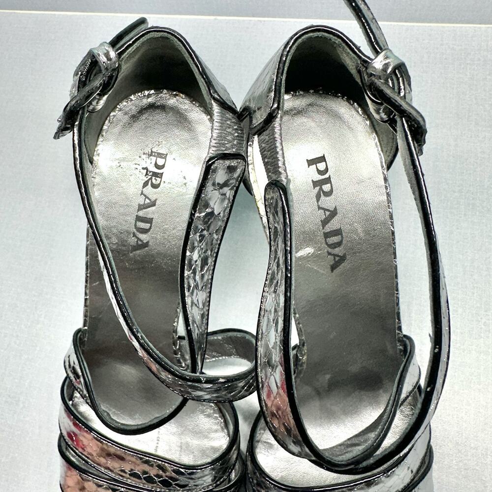PRADA Silver Snakeskin Strappy Sandals Heels Size 38 (US 7.5) -Authenticated - Picture 12 of 16